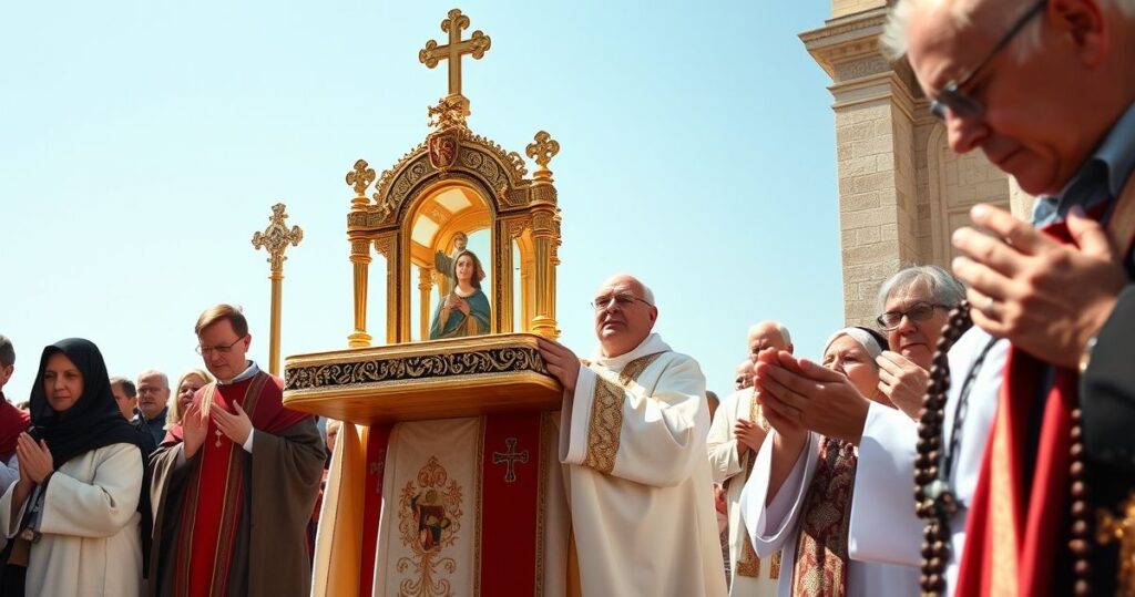 Realistyczny obraz katolickiej procesji Eucharystycznej na zewnątrz, z kapłanem w tradycyjnych szatach i wiernymi modlącymi się na tle jasnego nieba