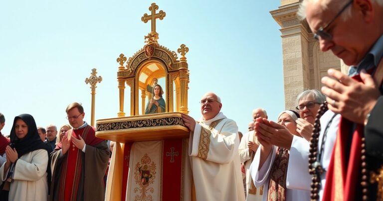 Realistyczny obraz katolickiej procesji Eucharystycznej na zewnątrz, z kapłanem w tradycyjnych szatach i wiernymi modlącymi się na tle jasnego nieba