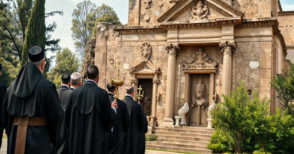 Duchowni katoliccy w tradycyjnych strojach podczas procesji eucharystycznej przy historycznym sanktuarium, ukazując powagę i wierność tradycji katolickiej