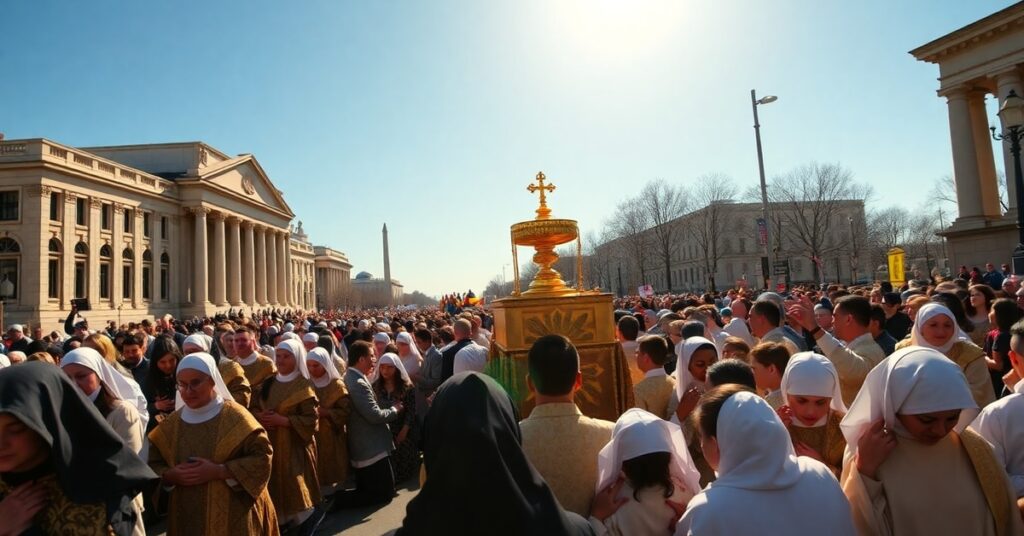Procesja eucharystyczna w Waszyngtonie z ponad tysiącem uczestników, w tym dziećmi i zakonnicami. Scena promieniejąca złotym światłem i niebieskim niebem.