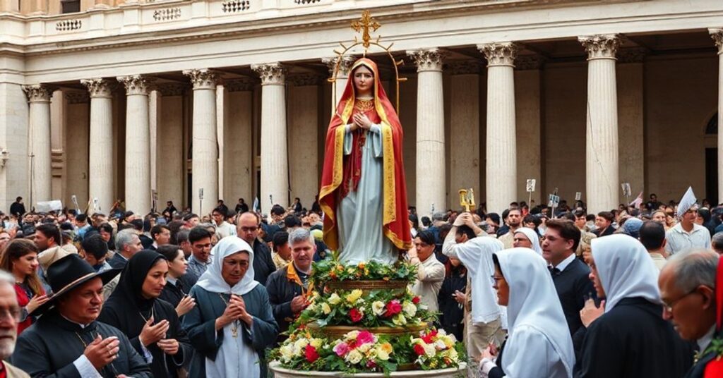 Procesja z figurą Matki Bożej Fatimskiej na Placu św. Piotra w Rzymie, 2025. Tłum modernistycznych wiernych i członków sekty posoborowej zgromadził się wokół figury ozdobionej złotą różą.