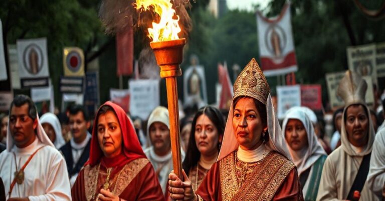 Procesja z pochodnią Guadalupe, która łączy elementy religijne i polityczne, ukazująca synkretyzm i pseudopobożność.