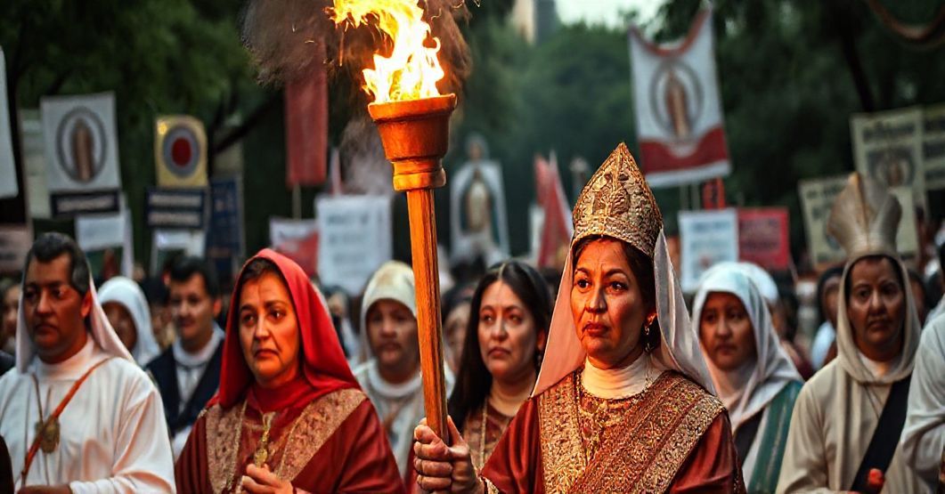 Procesja z pochodnią Guadalupe, która łączy elementy religijne i polityczne, ukazująca synkretyzm i pseudopobożność.