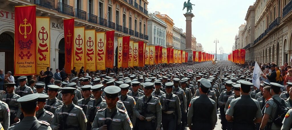 Procesja katolicka w Hiszpanii z wolontariuszami przygotowującymi się na przybycie Leona XIV. Scena jest zorganizowana i logistyczna, ale pozbawiona głębokiej pobożności.