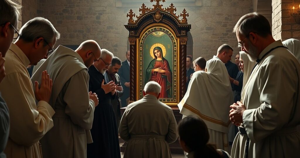 Sentymentalny, realistyczny obraz tradycyjnego katolickiego procesu z Jasnej Góry, ukazujący wiernych oddających cześć ikonie Matki Bożej w duchu szacunku i modlitwy