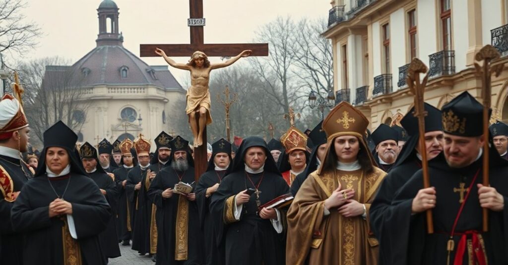 Procesja katolicka w Kalwarii Zebrzydowskiej z krzyżem przewodzącym, w obecności "abpa" Marka Jędraszewskiego.