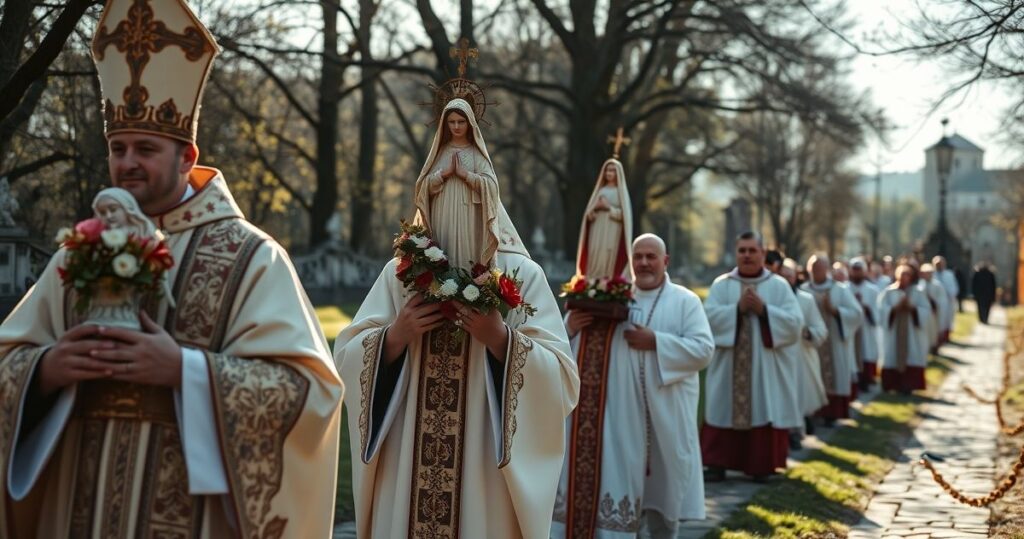 Fotografia realistyczna tradycyjnej katolickiej procesji w Kalwarii Zebrzydowskiej z wiernymi i kapłanami, ukazująca głęboką pobożność i krytykę modernistycznych tendencji