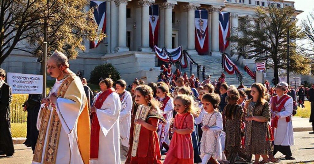 Procesja katolicka w Arkansasie przed budynkiem stanowym z transparencjami "pro-life"