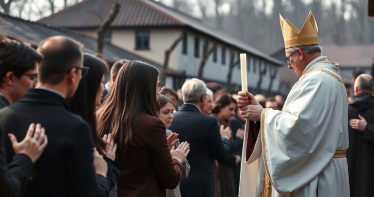 Realistyczne zdjęcie katolickiej procesji z kapłanem podczas rocznicy św. Maksymiliana Kolbego pod bramą Auschwitz, wierni w modlitwie, ukazujące głębię wiary i ofiary.