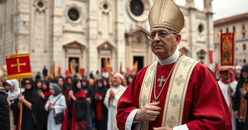 Fotografia realistyczna procesji katolickiej z modliącymi się pielgrzymami przed bazyliką, podkreślająca autentyczną religijność i pokorę.