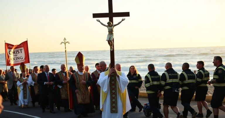 Procesja katolicka w Sydney z krzyżem i transparentami "Chrystus Król" i "Pokuta za grzechy świata" na plaży Bondi
