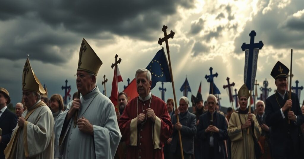 Pielgrzymi katolickich tradycjom idącą w procesji pod burzą niesioną transparentami z wizerunkami Chrystusa Krola i brexitowym motywem