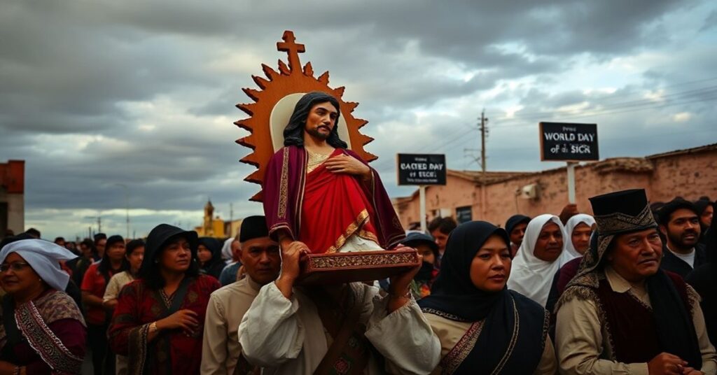 Pielgrzymi w tradycyjnych strojach religijnych podczas procesji w Chiclayo w Peru, niosący figura Serca Jezusa.
