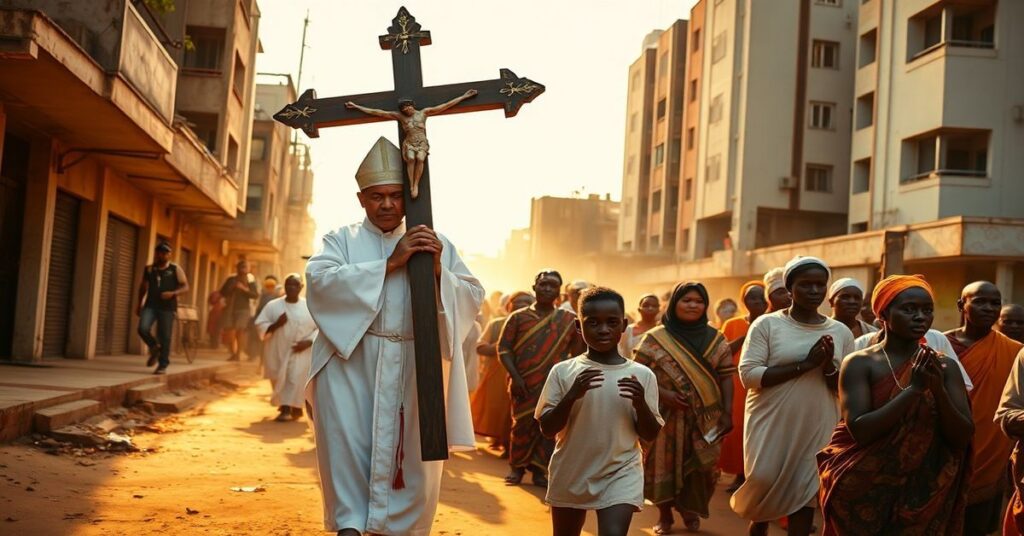 Procesja katolicka z krzyżem w Kilambie, Angola - wierni modlący się przed Chrystusem Królem