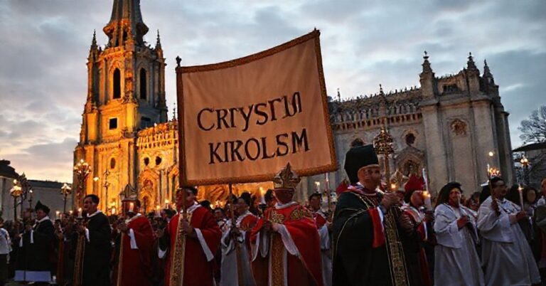 Procesja katolicka z transparentem "Chrystus Królem" przed katedrą w świetle wieczornym. Przedstawia wierność chrześcijańskim wartościom i walkę o władzę Chrystusa w życiu publicznym.