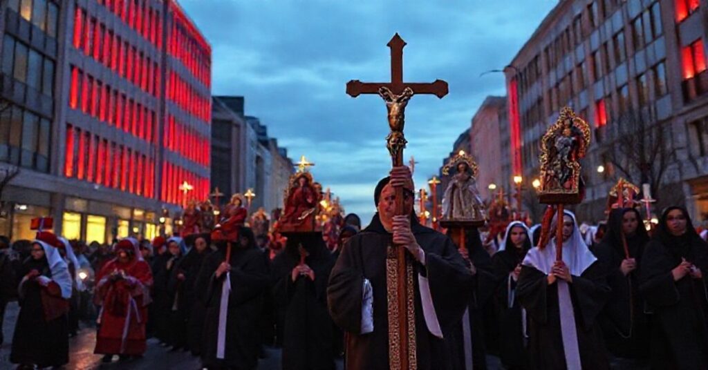 Procesja katolicka pod przewodnictwem księdza sedevakantysty podczas kontrowersyjnego "Czerwonego Tygodnia", symbolizująca walkę o prawdziwą wolność religijną