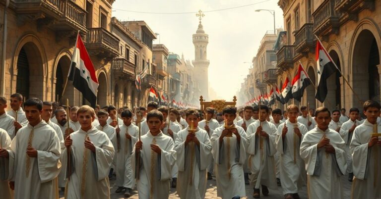 Procesja katolicka w Starym Damaszku z kontrastem symboli ekumenicznych i flag narodowych