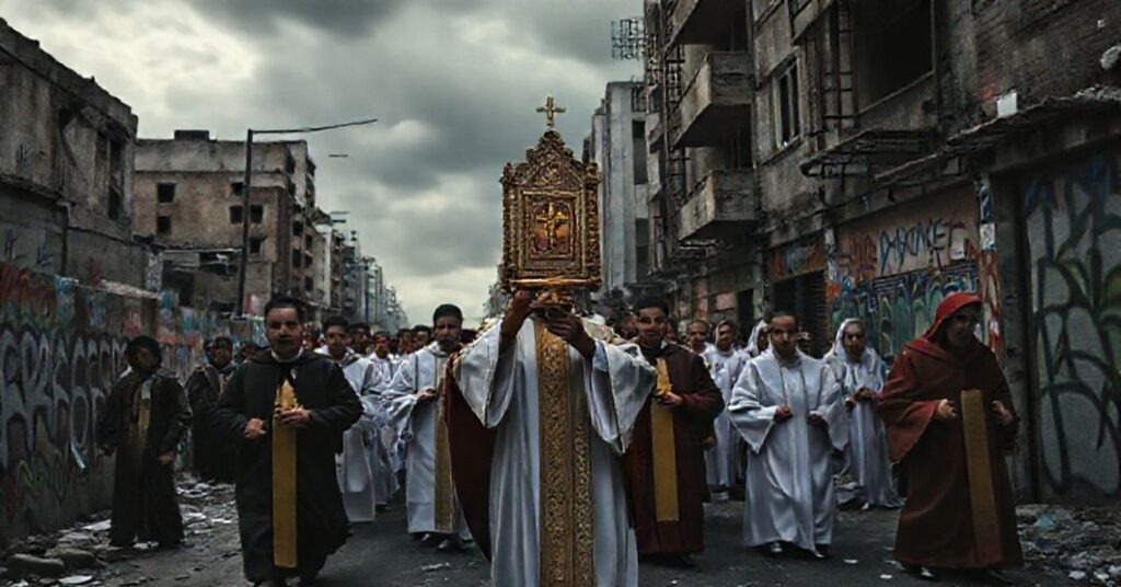 Procesja katolicka podczas apostolskiej dewastacji