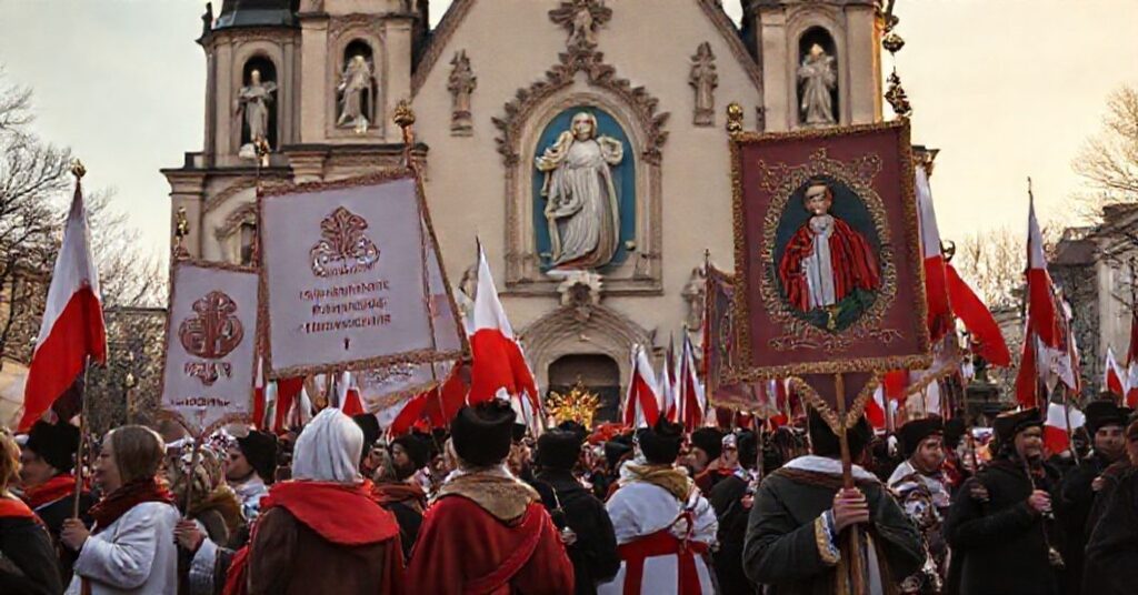 Procesja katolicka z okazji Narodowego Dnia Niepodległości w Polsce, uwieczniająca wiarę w Chrystusa Króla i Marię Królową Polski