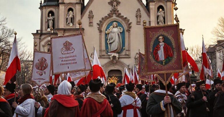 Procesja katolicka z okazji Narodowego Dnia Niepodległości w Polsce, uwieczniająca wiarę w Chrystusa Króla i Marię Królową Polski