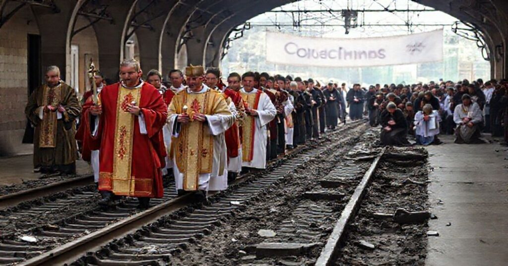 Procesja katolicka z relikwiami Świętej Katarzyny Aleksandryjskiej i Świętego Jana Bosko w zniszczonej stacji kolejowej