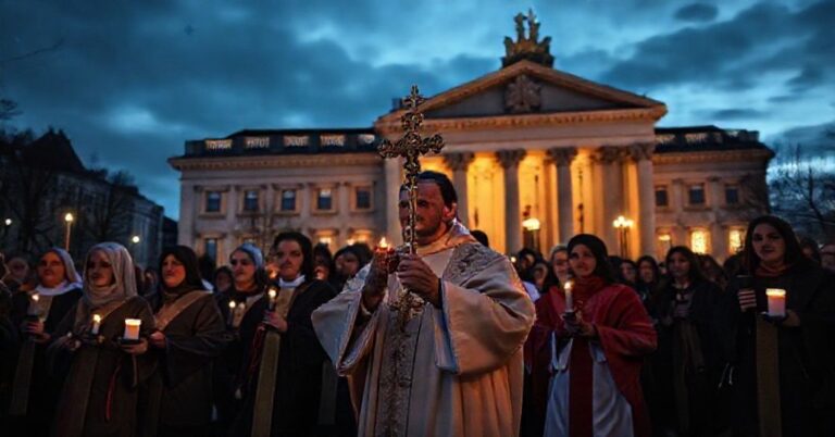 Procesja katolicka z hostią w monstrancji przed gmachu Europejskiego Trybunału Praw Człowieka w Strasburgu.