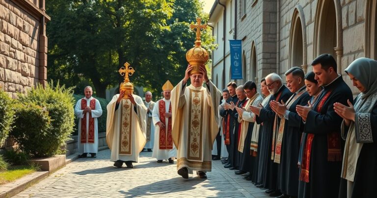 Realistyczne zdjęcie katolickiego procesji z kapłanem i wiernymi podczas liturgii, ukazujące wierną i pełną szacunku adorację Eucharystii na tle tradycyjnego kościoła