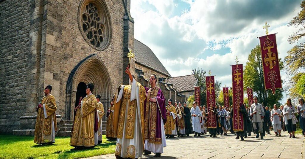 Uczestnicy katolickiej procesji z Eucharystią przed kościołem, wierni w tradycyjnym stroju, pełni szacunku i wiary, w duchu katolickiej pobożności
