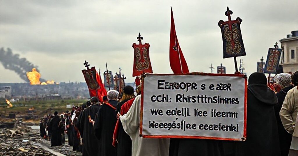 Procesja katolicka z transparentem o krytyce Europy bez Chrystusa Króla w tle wojny z Rosją