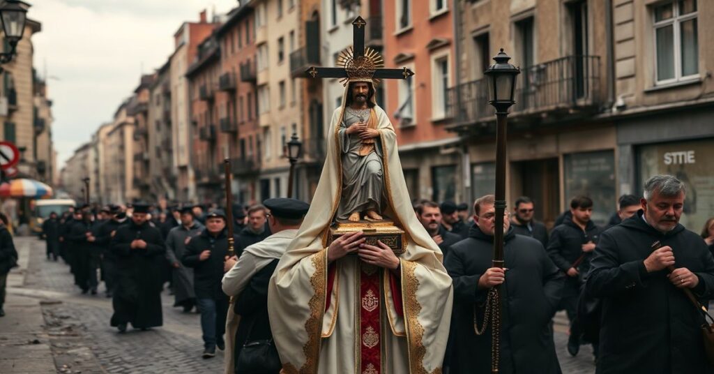 Tradycyjna procesja katolicka w europejskim mieście z pustymi ulicami i opuszczonymi budynkami na tle.