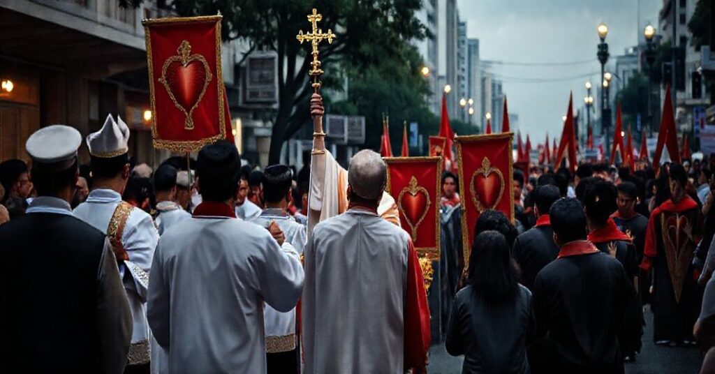 Tradycyjna katolicka procesja na Filipinach z podniesionym Najświętszym Sakramentem, z tłem miasta w kryzysie moralnym, symbolizująca prawdziwe duchowe rozwiązanie dla społeczeństwa.