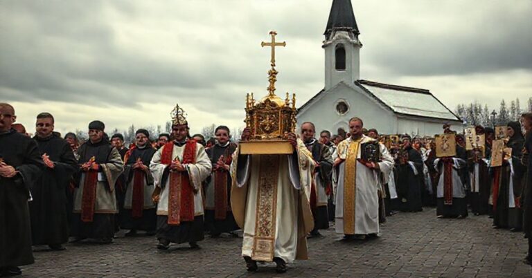 Prawdziwi katolicy uczestniczą w procesji pod przewodnictwem kapłana w tradycyjnych szatach liturgicznych, podczas gdy heretycy i schizmatycy trzymają swoje ikony na odległość.