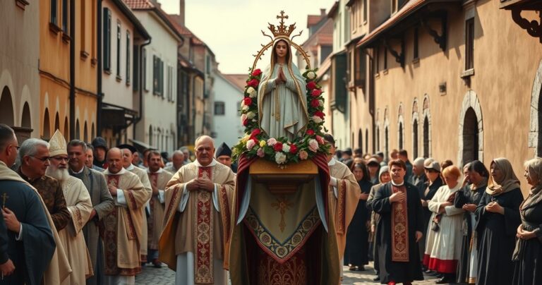 Duchowa procesja katolicka w Fromborku z figurą Matki Bożej, tradycyjne stroje, poważne uczestnictwo, autentyczna atmosfera religijna