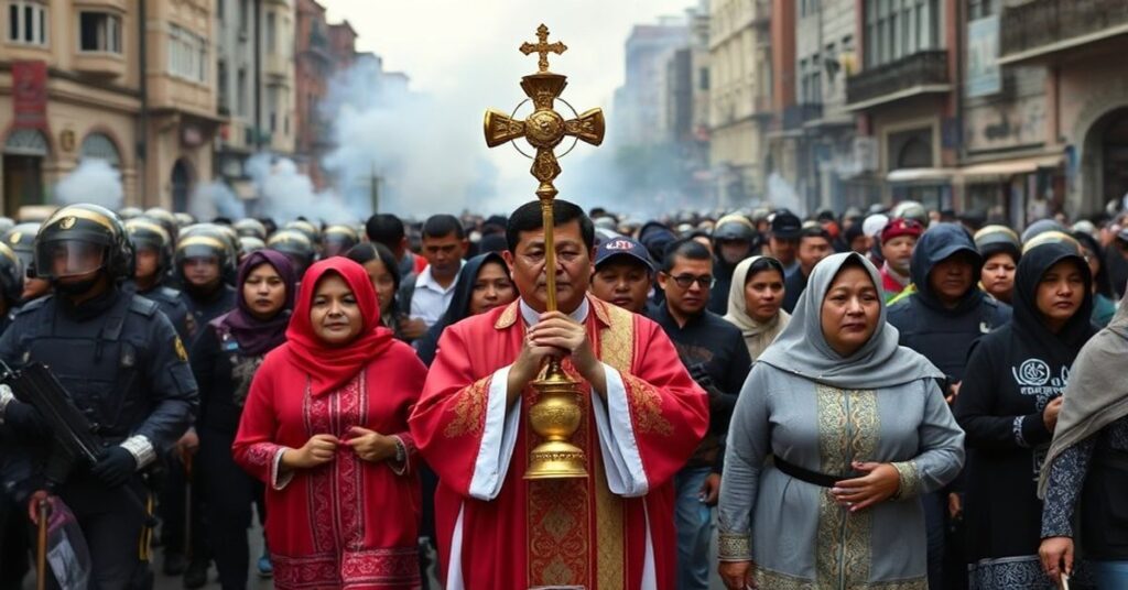 Procesja katolicka w Gwatemali podczas zamieszek, symbolizująca walkę między Królestwem Chrystusa a świeckim chaosem