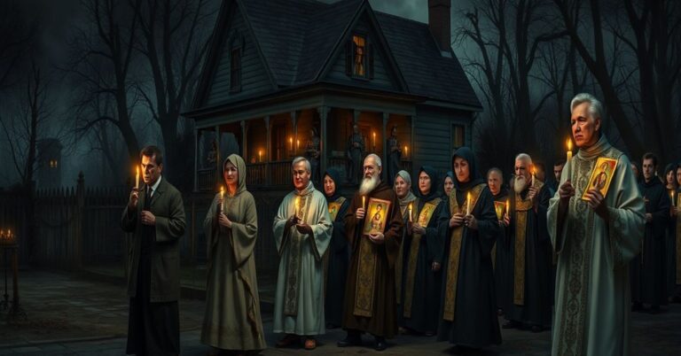 Procesja katolicka podczas Dnia Wszystkich Świętych, podkreślająca konflikt między świętością a demonicznym Halloween