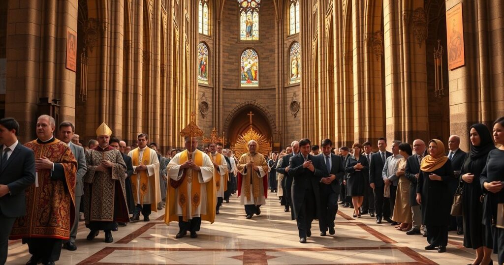 Fotografia realistyczna i pełna szacunku przedstawiająca katolicką procesję z duchownymi i wiernymi w historycznym kościele, podkreślająca wiarę i oddanie.