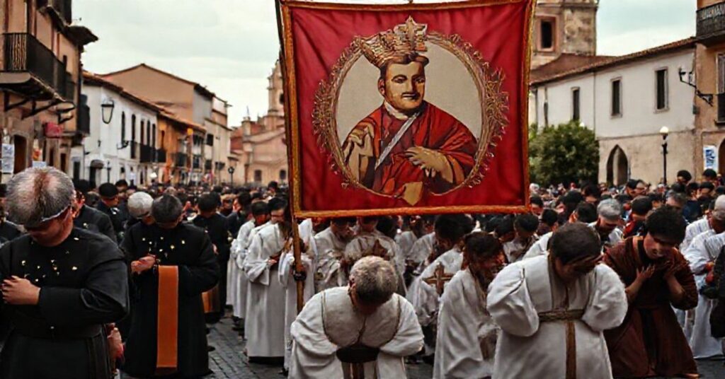 Procesja katolicka w Hiszpanii z obrazem Francisca Franko na tle tradycyjnego miasta hiszpańskiego