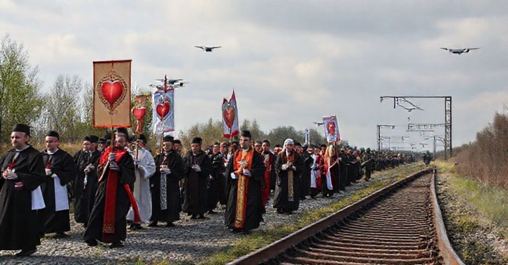 Procesja katolicka z obrazami Najświętszego Serca Pana Jezusa i Niepokalanego Serca Maryi obok opuszczonej linii kolejowej z widocznymi patrolami wojskowymi na tle.