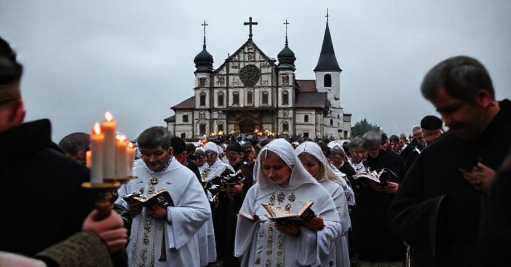Procesja katolicka na Jasnej Górze z tradycyjnymi elementami religijnymi, w tle klasztor jasnogórski.