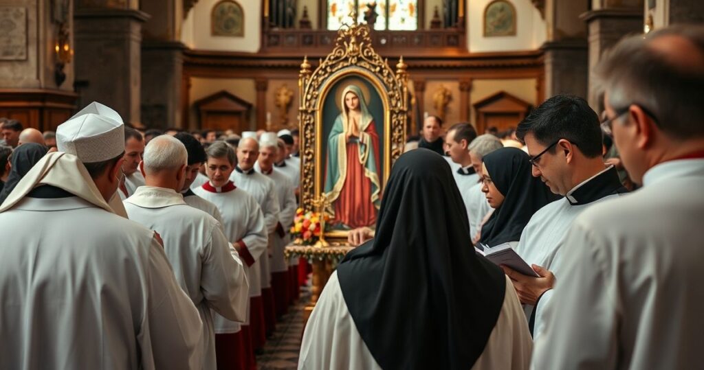Fotografia realistyczna ukazująca katolicką procesję z obrazem Matki Bożej na tradycyjnym nabożeństwie, oddającą powagę i wierność katolickiej wierze w kontekście krytyki modernistycznych nadużyć na Jasnej Górze