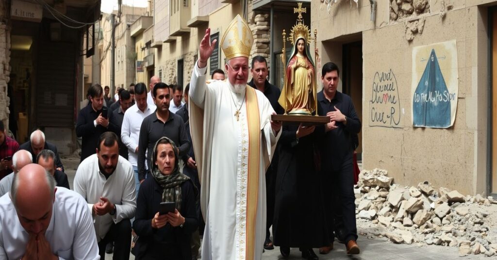 Procesja katolicka w Jerozolimie z Najświętszym Sakramentem i Matką Boską w okresie wojny