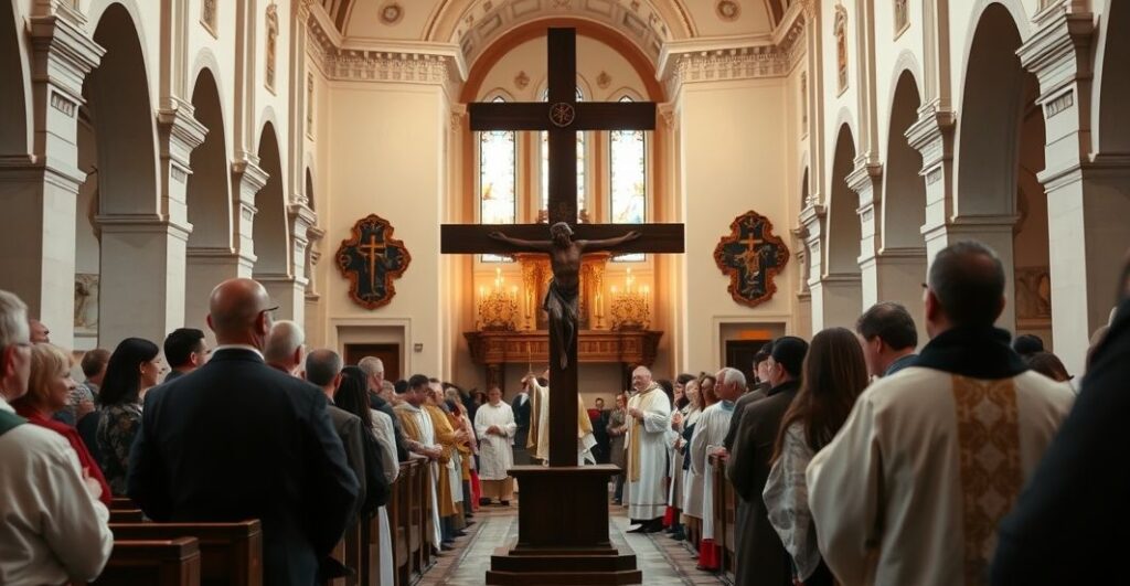 Rewerentna scena procesji katolickiej z krzyżem, staroświecka architektura, duchowa atmosfera, wierni w modlitwie, w tradycyjnych szatach liturgicznych, odzwierciedlająca wierne katolickie praktyki