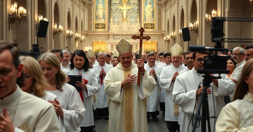 Procesja katolicka z tradycyjnymi elementami liturgicznymi kontrastującymi z nowoczesnymi elementami sekularnymi na tle.