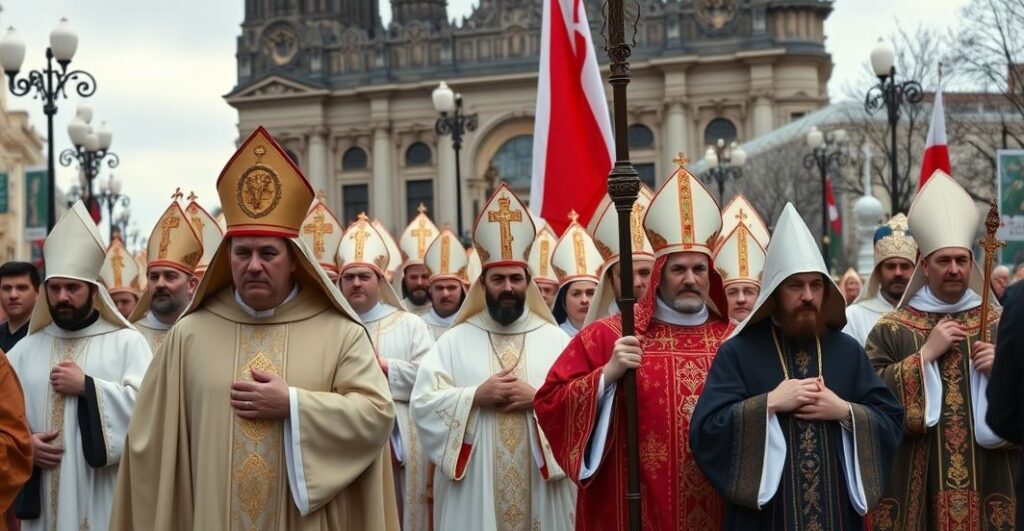 Reverent Catholic procession with saints i męczenników na Krakowskim Przedmieściu, ukazujący prawdziwą wiarę i tradycyjne liturgie, w kontrast z modernistyczną secularizacją.