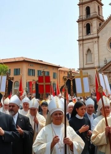 Procesja katolicka przeciwko sekularyzmowi i nowoczesnej rewolucji Rekonstrukcja katolickiej procesji z tradycyjnymi chorągwiami i krzyżami, ukazująca głęboki, religijny nacisk na Króla Chrystusa w kontekście sprzeciwu wobec nowoczesnego sekularyzmu