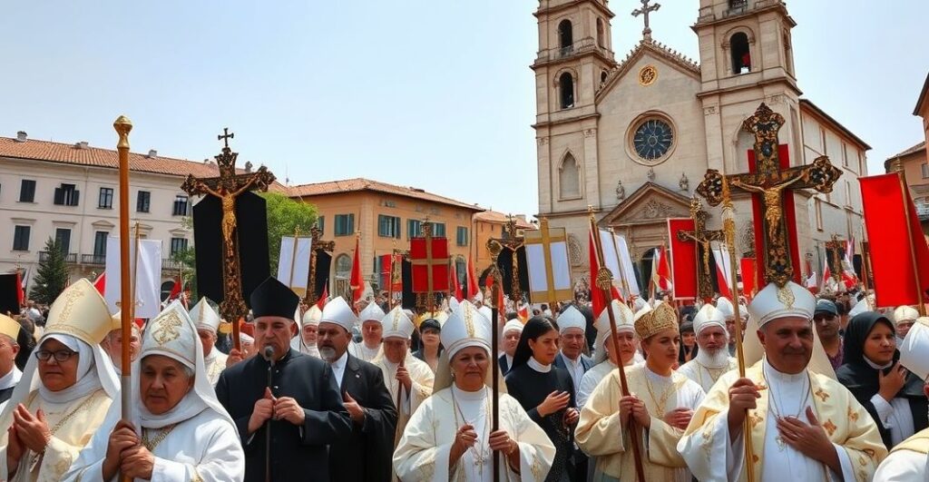Rekonstrukcja katolickiej procesji z tradycyjnymi chorągwiami i krzyżami, ukazująca głęboki, religijny nacisk na Króla Chrystusa w kontekście sprzeciwu wobec nowoczesnego sekularyzmu
