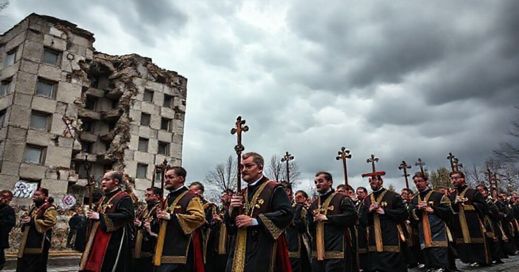 Procesja katolicka pod burzowym niebem z Bratem Damianem Wojciechowskim na czele, mężczyźni w tradycyjnych szatach Bractwa Kapłańskiego św. Piusa X z krzyżami i różańcami, mijające runięty budynek modernistyczny z wymazanymi symbolami genderu.