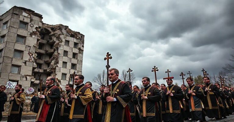 Procesja katolicka pod burzowym niebem z Bratem Damianem Wojciechowskim na czele, mężczyźni w tradycyjnych szatach Bractwa Kapłańskiego św. Piusa X z krzyżami i różańcami, mijające runięty budynek modernistyczny z wymazanymi symbolami genderu.