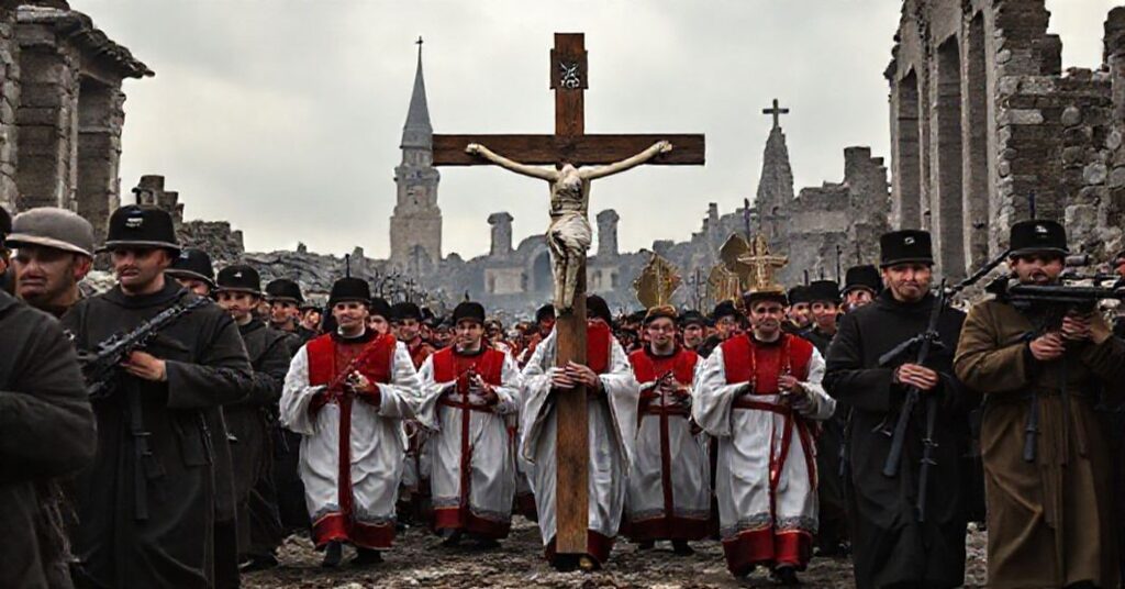 Procesja katolicka z krzyżem w zniszczonym krajobrazie europejskim symbolizująca kryzys duchowy w nowoczesnej polityce niemieckiej