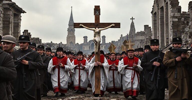 Procesja katolicka z krzyżem w zniszczonym krajobrazie europejskim symbolizująca kryzys duchowy w nowoczesnej polityce niemieckiej